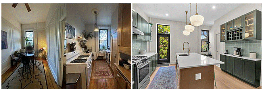 Two side-by-side images showing a before and after kitchen renovation with updated cabinetry, flooring, and lighting.