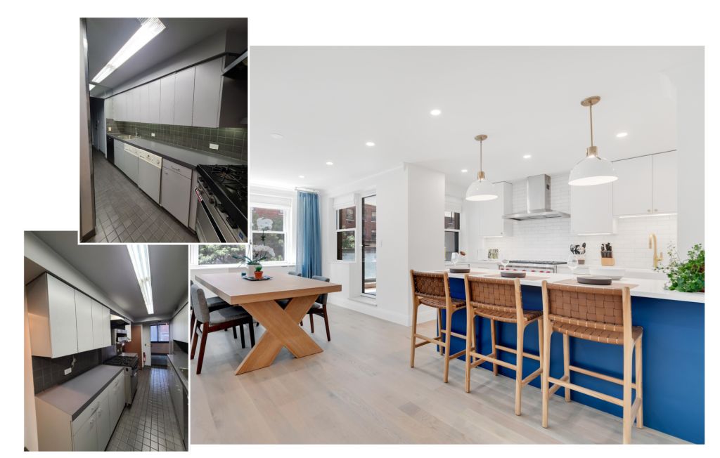 Modern open kitchen with white cabinets, blue island, three woven bar stools, pendant lights, and a wooden dining table with chairs.