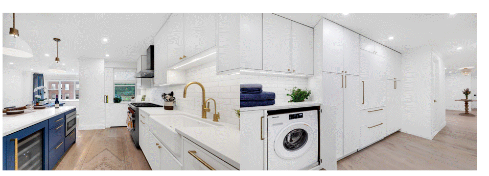 Modern kitchen with white cabinetry, gold fixtures, blue cabinets on island, built-in washing machine, and light wood flooring.