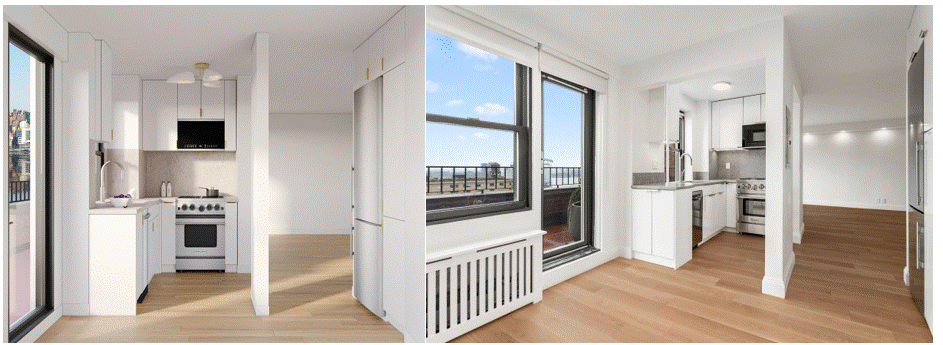 Modern kitchen with white cabinets, stainless steel appliances, light wood flooring, and large windows offering city views.