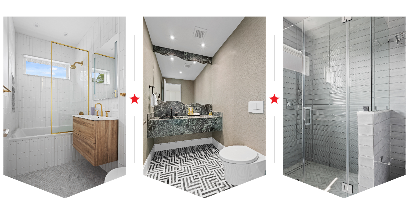 Three modern bathrooms: left with white tiled walls, gold fixtures, and wooden vanity; center with black marble countertop and geometric floor tiles; right with glass shower enclosure and gray subway tiles.