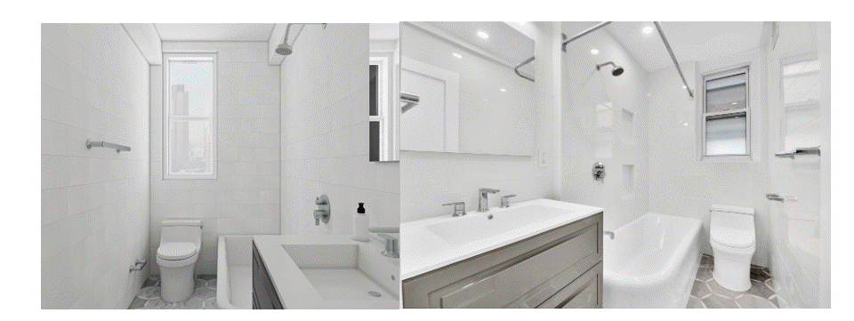 Modern white bathroom with a toilet, bathtub, and vanity with a sink and mirror, illuminated by natural light from a window.