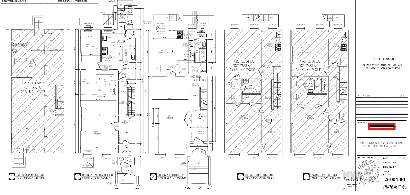 Architectural blueprint showing detailed floor plans for a residential building, including cellar, basement, first, second, and third floors with annotations and dimensions.