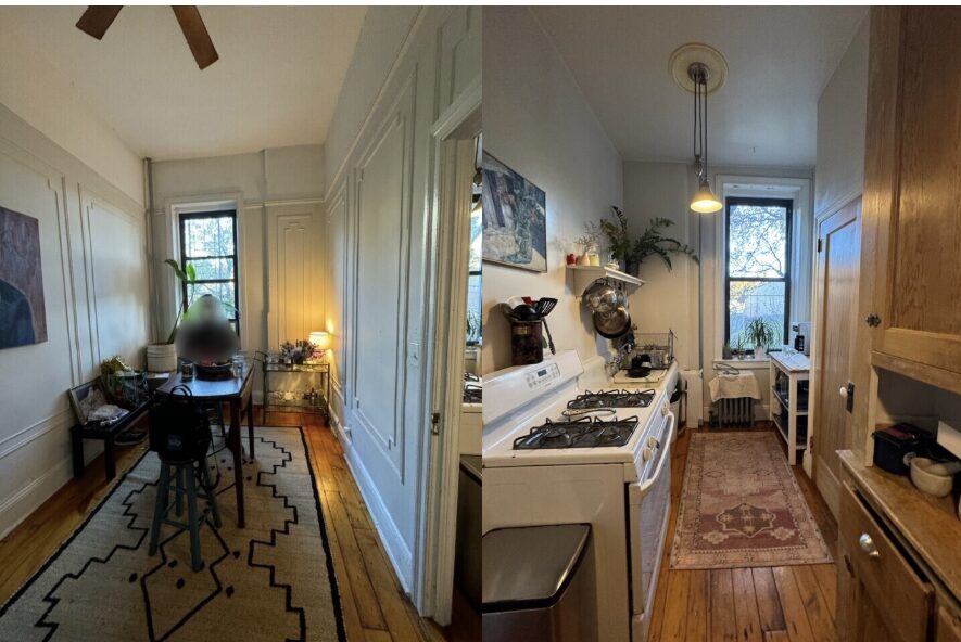 Two views of a small apartment interior showing a dining area with a rectangular table, chairs, patterned rug, and a kitchen with a gas stove, wooden cabinets, and a window with plants.