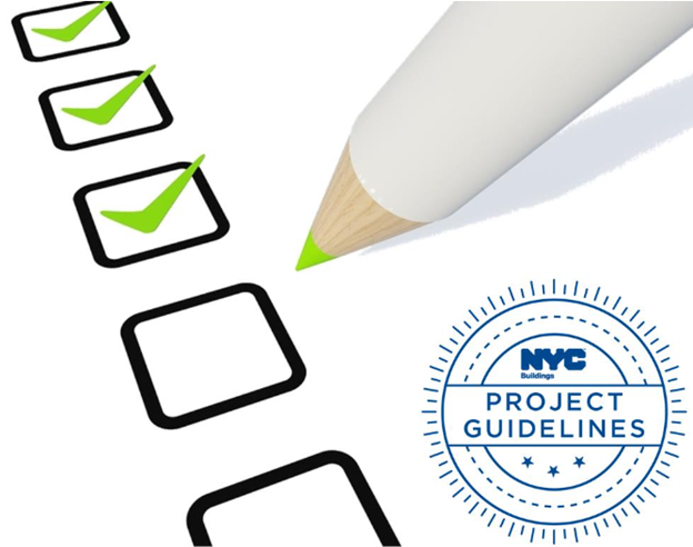 Green check marks inside black checkboxes with a green-tipped pencil next to them and a blue NYC Buildings Project Guidelines seal.