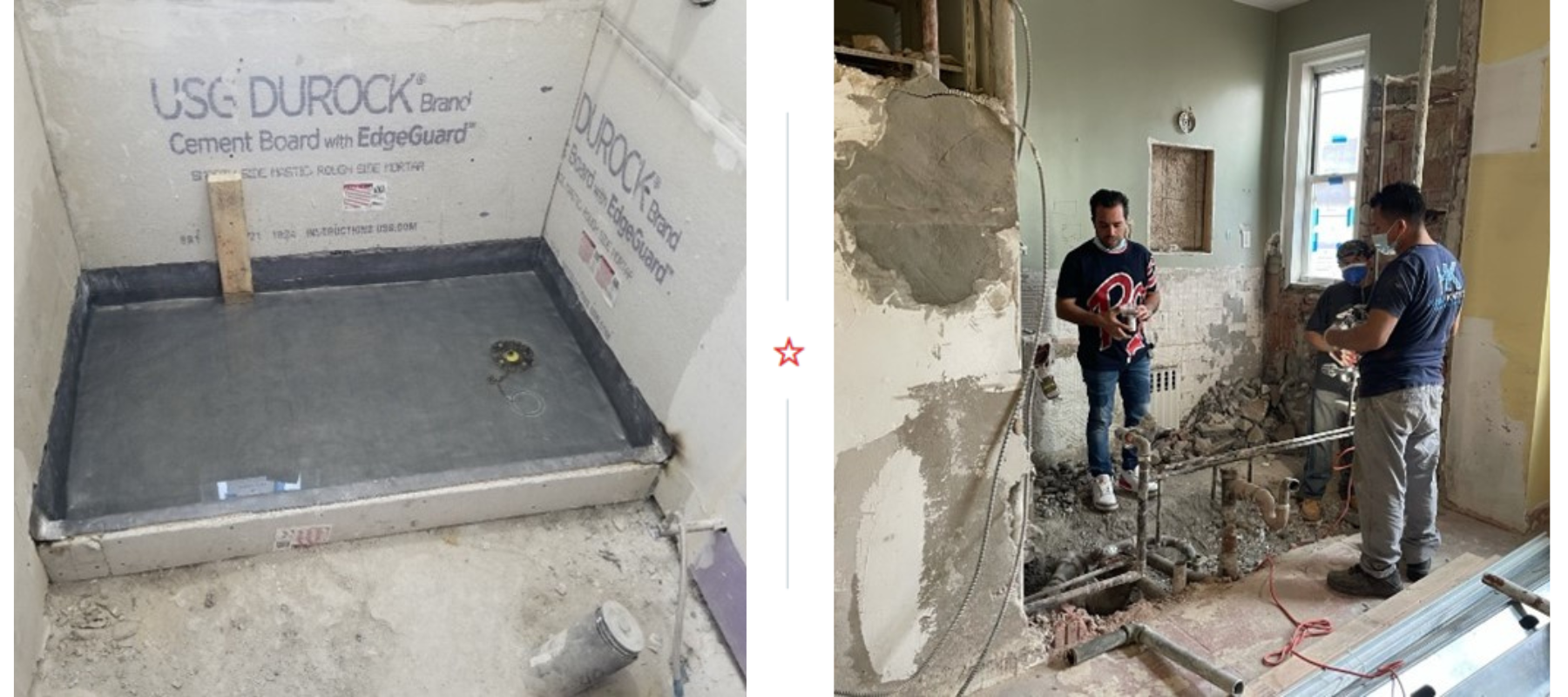Two-image collage showing a shower base with USG Durock cement boards on the left and three construction workers in a partially demolished room with exposed pipes on the right.