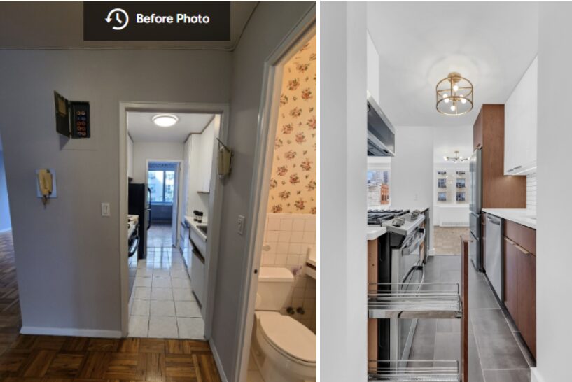 Side-by-side before and after photos of a kitchen renovation showing a narrow galley kitchen with old white cabinets and tiled floor replaced by modern wooden cabinets and large gray tiles.