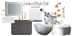 Modern bathroom with dark vanity, large mirror, freestanding bathtub, gold fixtures, and geometric wall tiles.