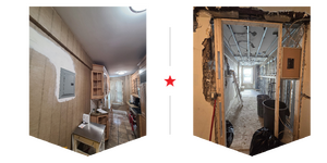 Side-by-side images showing a narrow hallway before and after renovation, with old wall paneling replaced by exposed ceiling beams and structural framing.
