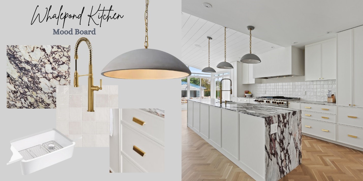 Mood board showing materials and fixtures including marble countertop, gold kitchen faucet, pendant light, white sink, and gold cabinet handles alongside a modern kitchen with a large marble island, white cabinets, gold hardware, and wooden herringbone floor.