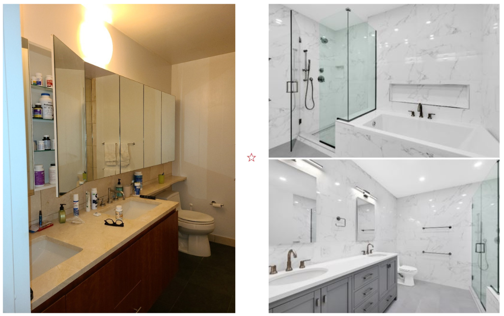 A side-by-side comparison of two bathrooms, one older with a cluttered countertop and wooden cabinets, and one modern with marble walls, glass shower, built-in tub, and gray double-sink vanity.
