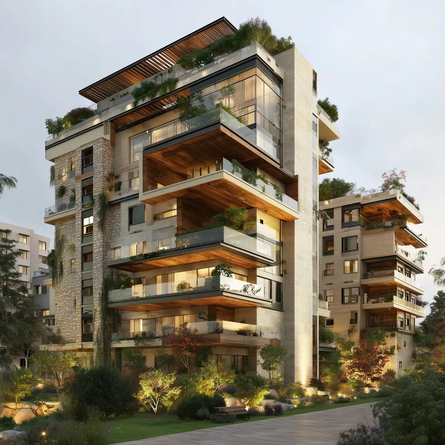 Doğayla bütünleşen yeşil mimari anlayışıyla tasarlanmış lüks konut projesi. Geniş teraslar, modern cephe detayları ve yüksek yatırım değerine sahip 3D render görseli.