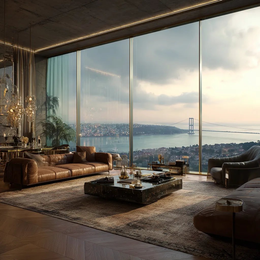 İstanbul Boğazı manzarasına sahip lüks daire iç mekanı. Panoramik cam cephe, modern tasarım ve yüksek yatırım değerine sahip prestijli gayrimenkul yaşam alanı.