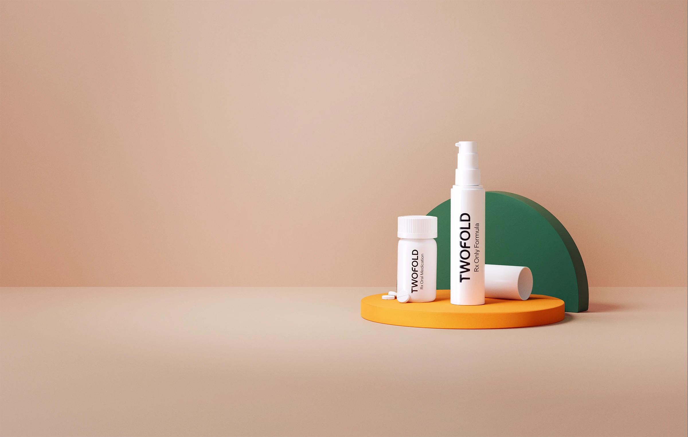 Twofold anti-sweat products, one pill bottle with tablets and one pump dispenser on showcase.