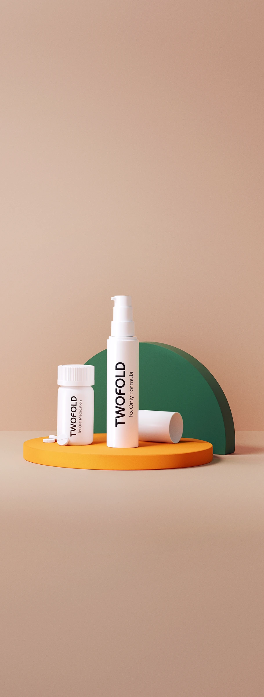 Twofold anti-sweat products, one pill bottle with tablets and one pump dispenser on showcase.