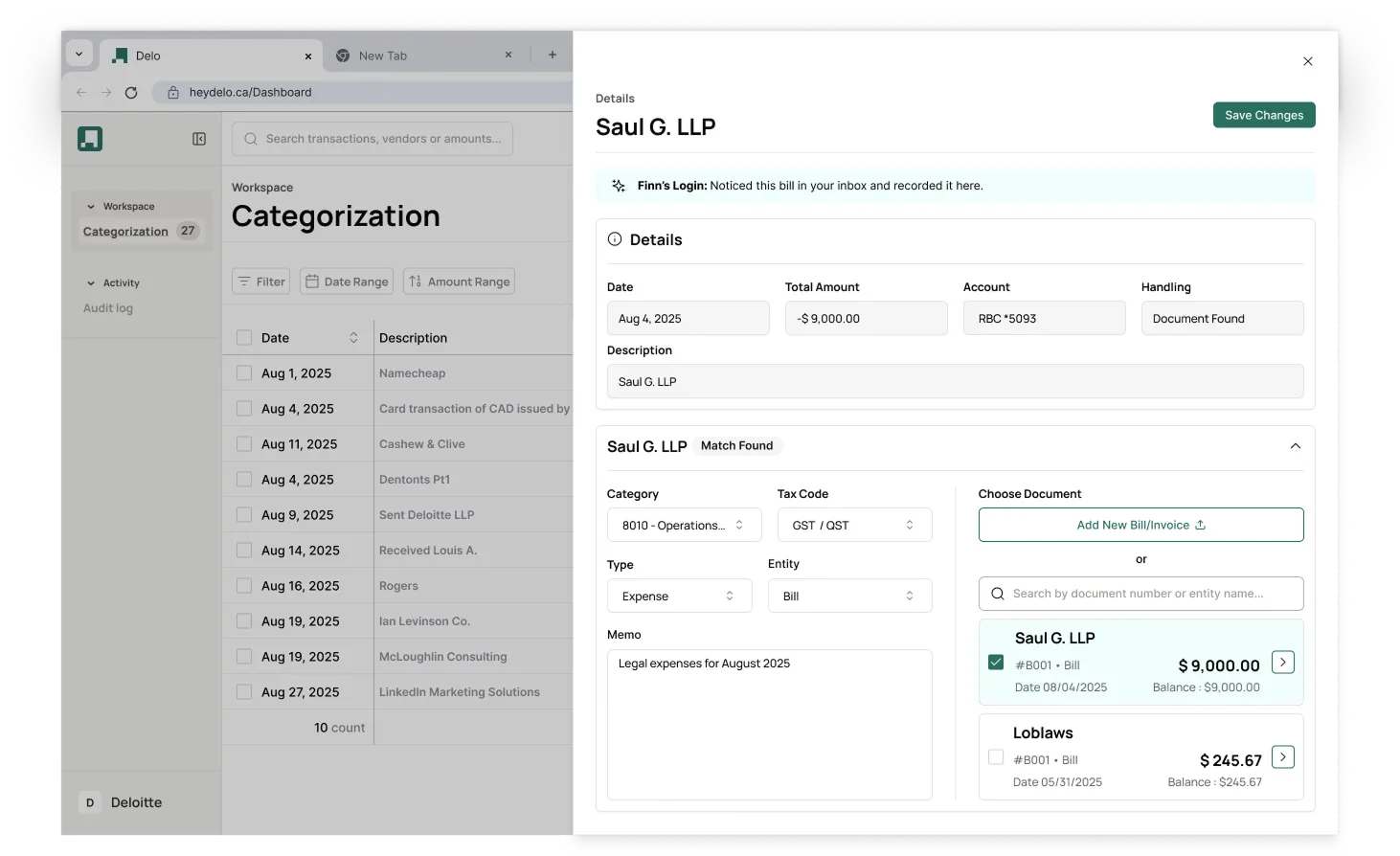 Finance software dashboard showing transaction categorization and detailed bill information for Saul G. LLP with a $9,000 expense categorized under operations.