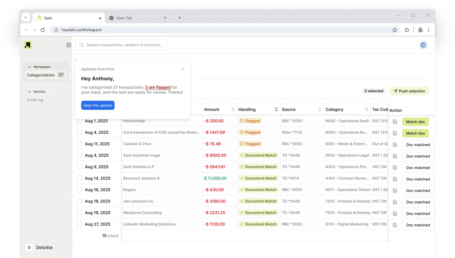 Financial transactions table in a web app with amounts, flagged and document matched statuses, source banks, categories, tax codes, and action buttons for matching documents.