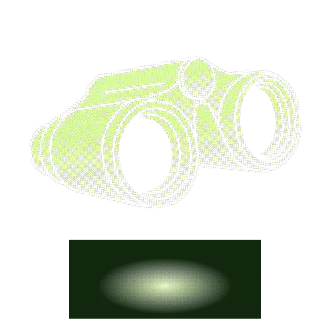 Green stylized digital illustration of binoculars on a black background.