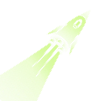 Bright green rocket launching upward with exhaust flames against a black background.