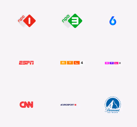 Grid of nine TV channel logos including NPO 1, NPO 3, channel 6, ESPN, RTL 4, RTL 8, CNN, Eurosport, and Paramount Network.