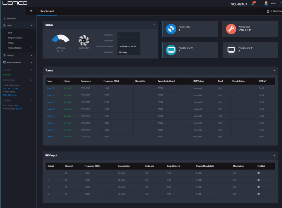 Lemco dashboard interface displaying device status including CPU temperature, system fan, current date and time, tuner lock status, working mode DVB-T + IP, programs over RF and IP, tuner input statuses and frequencies, and RF output channel settings.