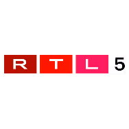 RTL 5 logo with red, pink, and white blocks and white text.