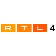RTL4 television channel logo with white letters on orange and red blocks followed by number 4 in black.