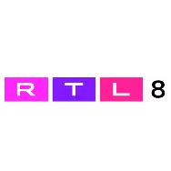 RTL 8 logo with colored blocks: pink R, blue T, purple L, pink 8 on white background.