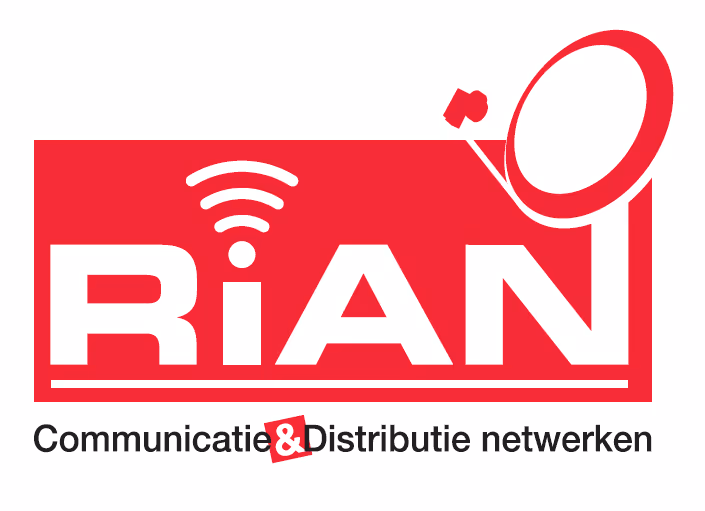 Red rectangular logo with white text 'RiAN' featuring a wireless signal icon above the 'i' and a satellite dish integrated with the letter 'N', and black text below reading 'Communicatie & Distributie netwerken'.