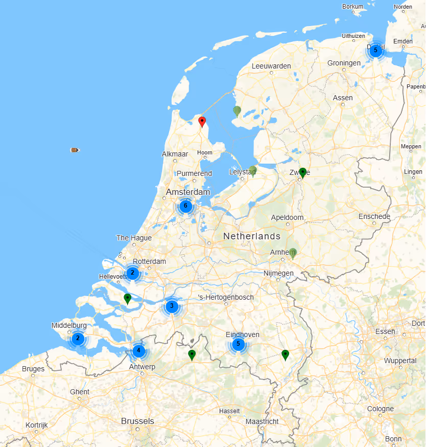 Map showing the Netherlands and surrounding areas with clustered blue markers indicating locations near Amsterdam, Rotterdam, Antwerp, Eindhoven, and Groningen, and scattered green and red markers across the region.