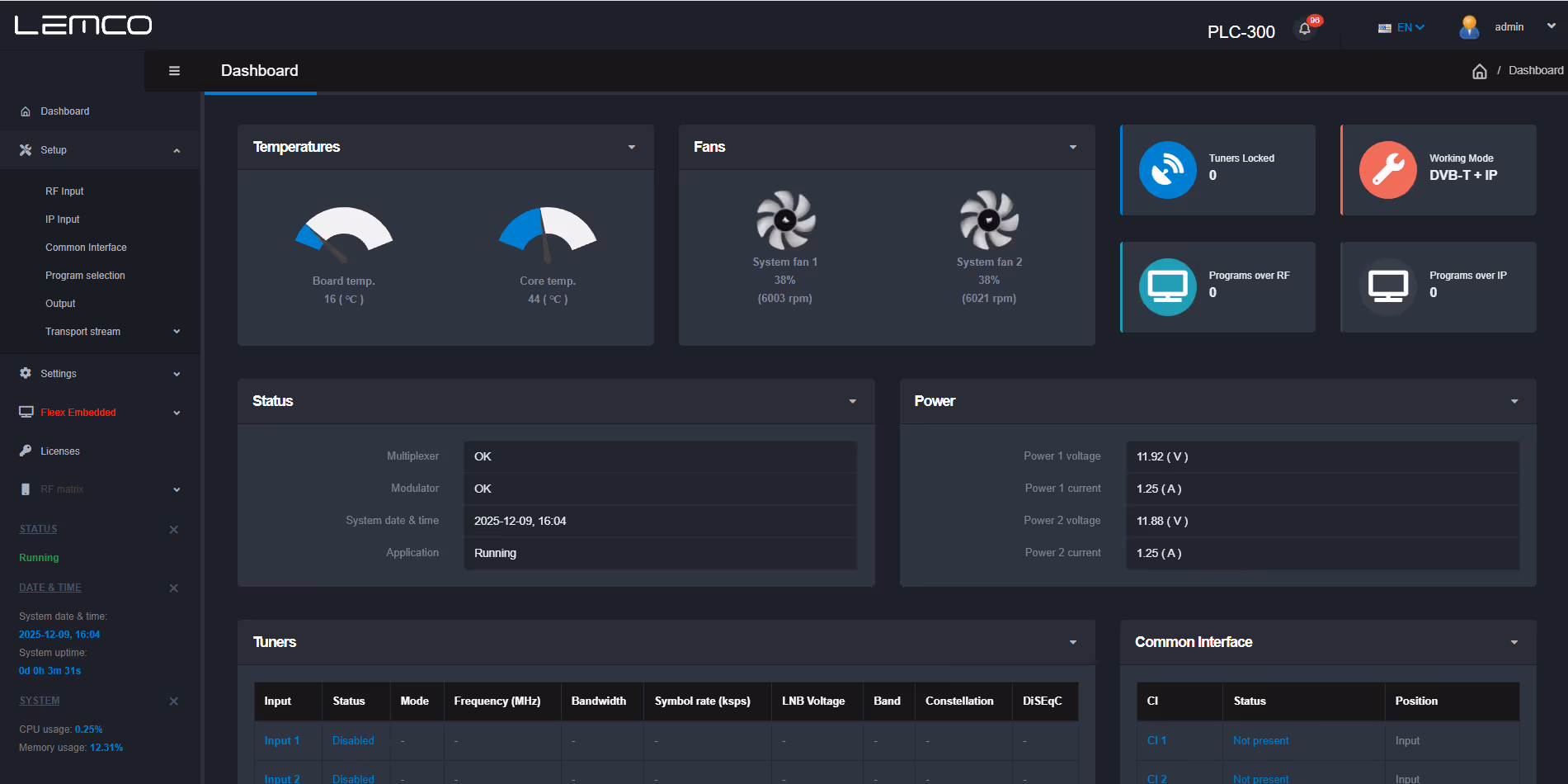 Lemco PLC-300 dashboard showing system temperatures, fan speeds, tuner info, power status, and common interface details with a dark theme.