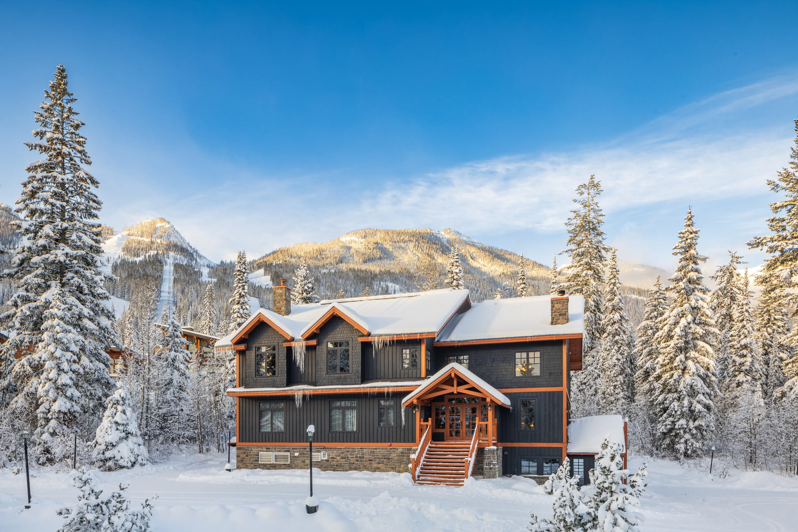 Copper Horse Lodge beneath Kicking Horse Mountain in winter