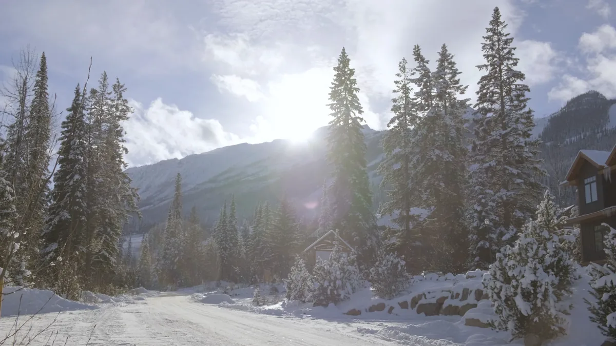 Snow-covered arrival road beside Copper Horse Lodge