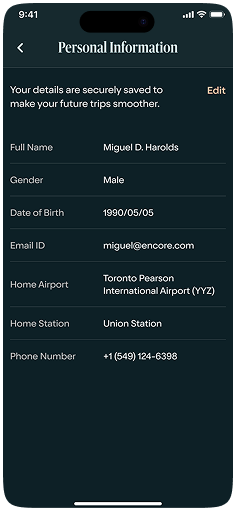 Mobile screen showing Personal Information with full name Miguel D. Harolds, gender Male, date of birth 1990/05/05, and email miguel@encore.com.