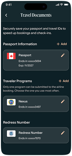 Mobile app screen showing Travel Documents with saved passport, traveler program Nexus, and redress number details, each ending with partially hidden numbers.