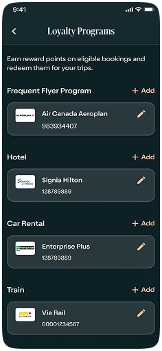 Mobile app screen showing Loyalty Programs with sections for Frequent Flyer, Hotel, Car Rental, and Train, each displaying a program and membership number.