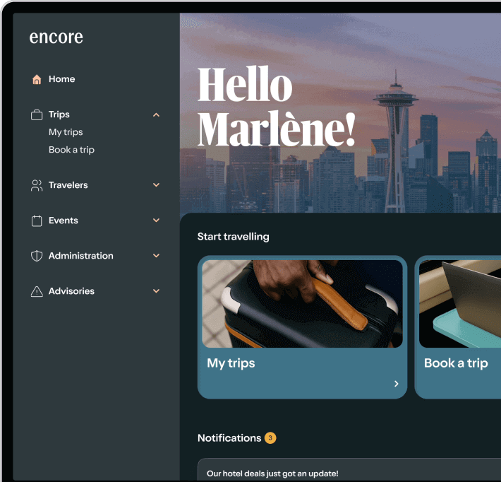 Travel app dashboard greeting user Marlène with menu options like Home, Trips, Travelers, Events, Administration, and Advisories, plus sections for My trips and Book a trip.