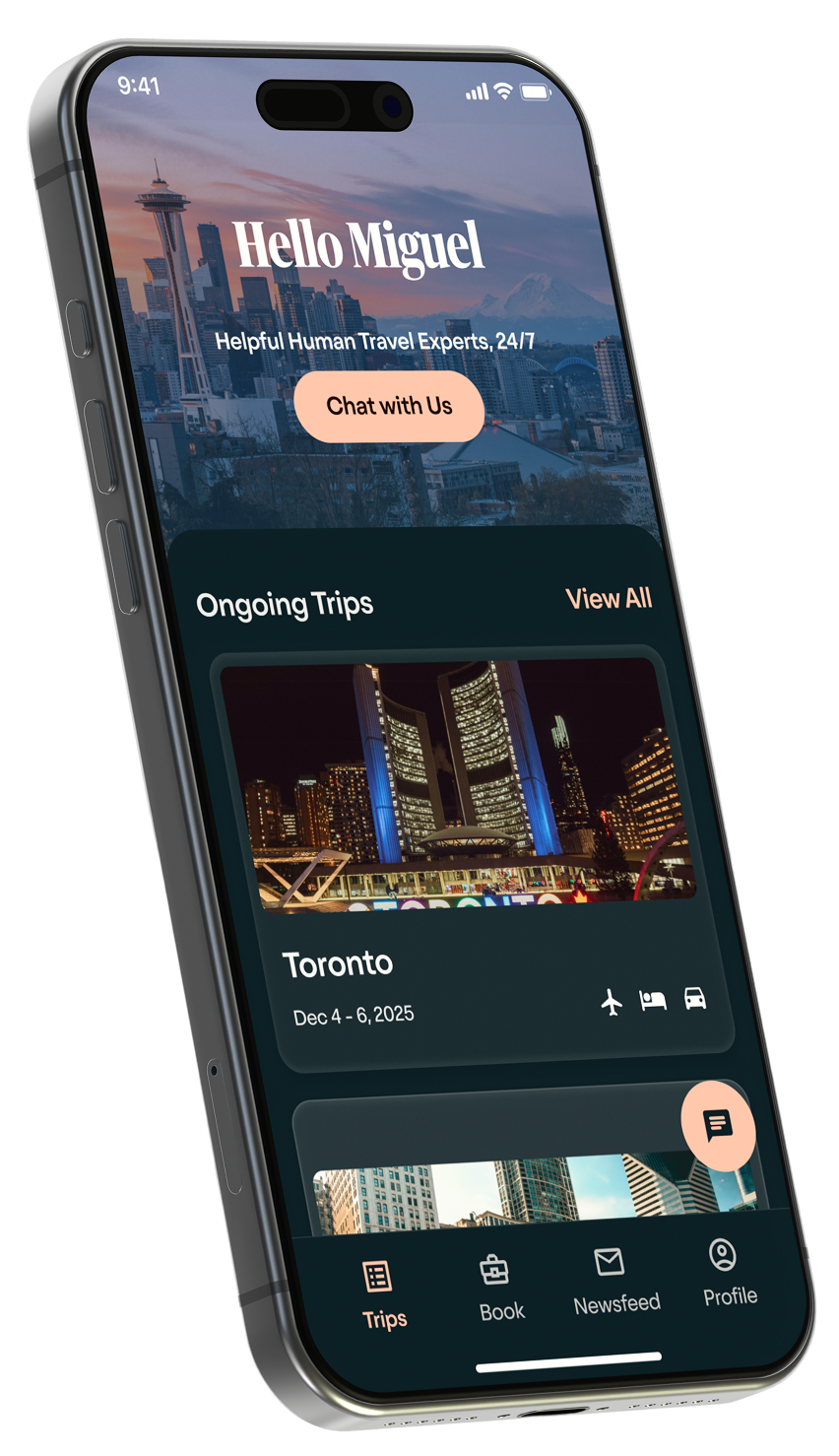 Hand holding a smartphone displaying the Encore travel app