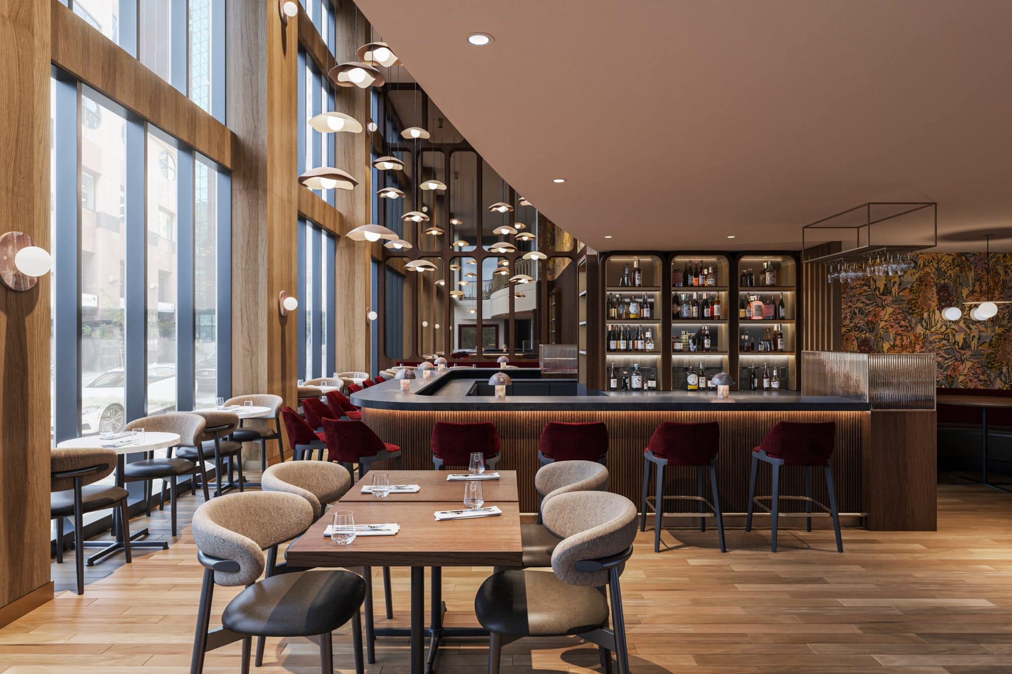 Restaurant and bar at The Metcalfe Hotel Montreal with floor-to-ceiling windows