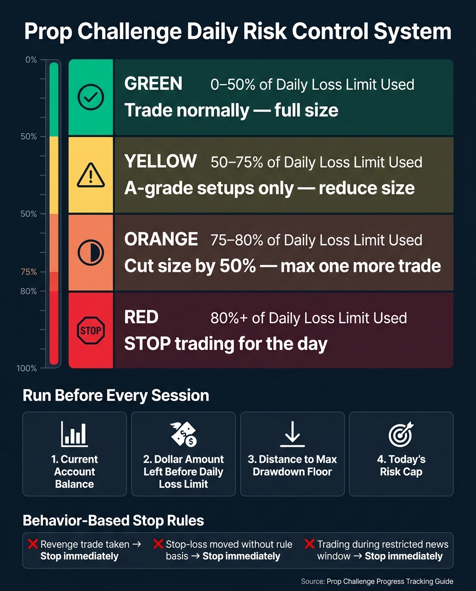 Prop Challenge Tracker: 4-Zone Daily Risk Control System