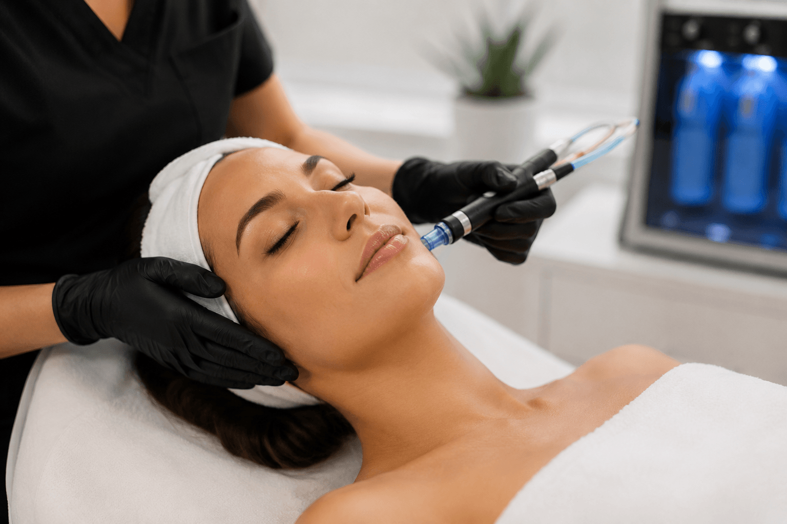 Woman receiving a Hydrafacial treatment to improve dry, dehydrated skin in Gilbert, Arizona