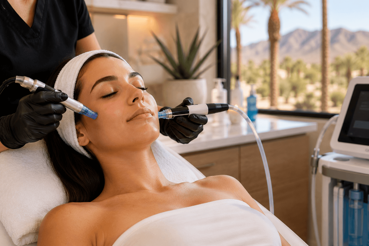Side by side comparison of microneedling and HydraFacial treatment for sun damaged skin in Gilbert, Arizona