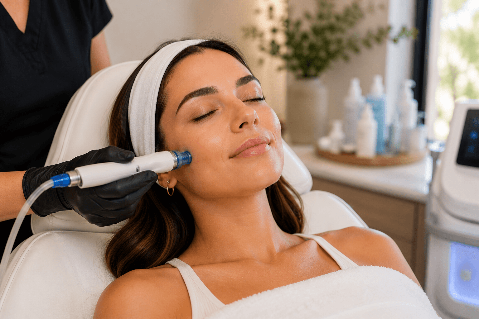 Patient receiving a hydrafacial treatment for dehydrated, dull skin at SkinRitual Medspa in Gilbert, Arizona