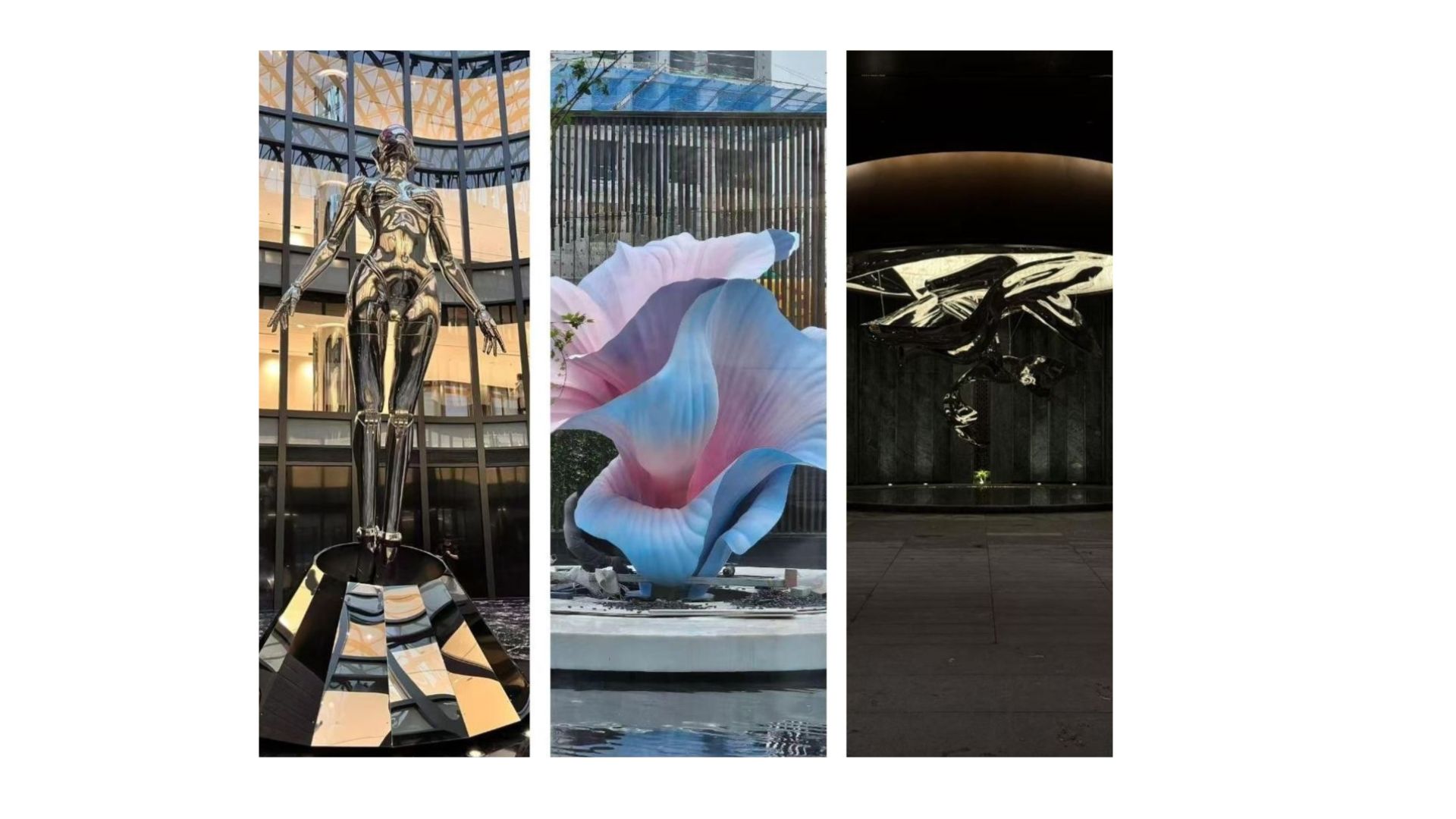 AXIS WORKS art installations — mixed media sculpture, mirror-finish steel figure, atmospheric illuminated installation