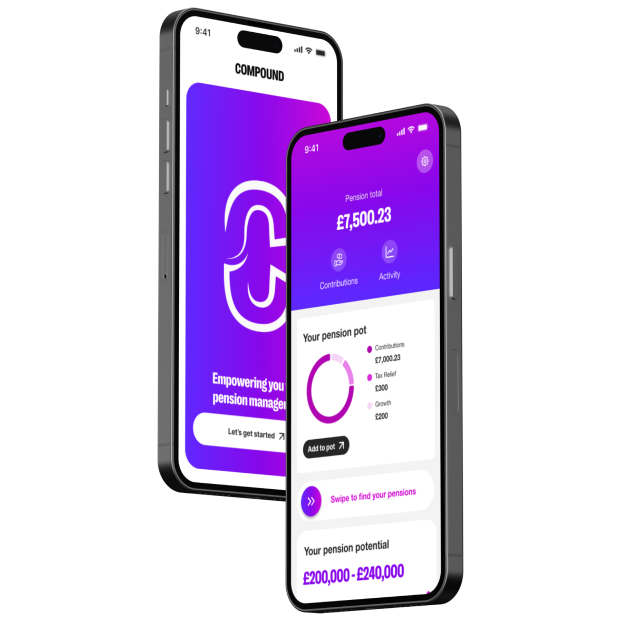Two smartphones displaying the Compound pension management app, showing a welcome screen and a dashboard with pension total, contributions, activity, and pension potential between £200,000 and £240,000.