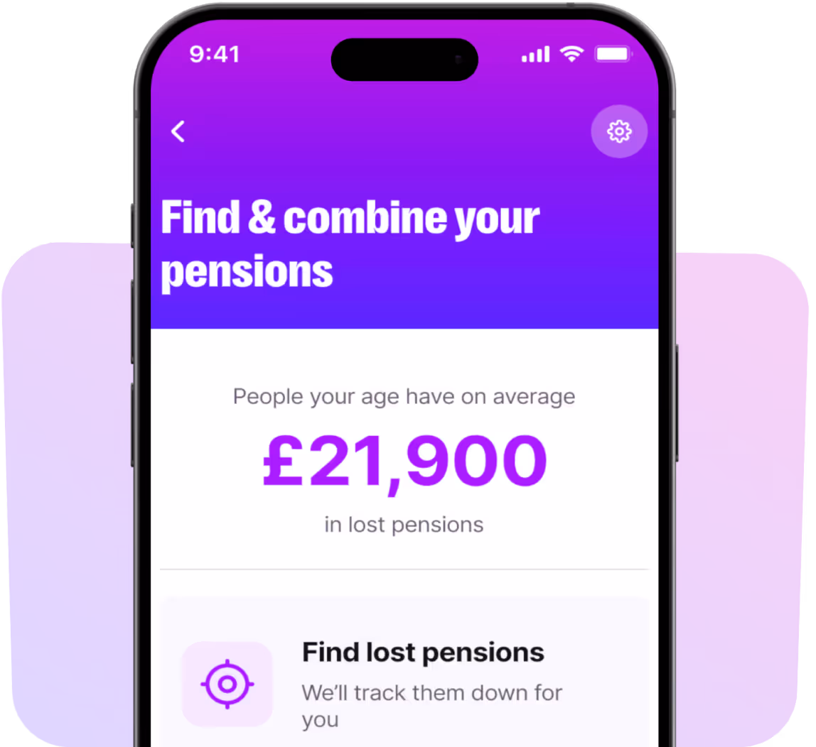 Mobile screen displaying an app with title 'Find & combine your pensions' and text stating people your age have on average £21,900 in lost pensions.
