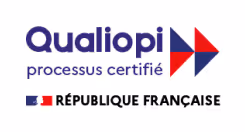 Logo Qualiopi avec le texte processus certifié et le drapeau de la République française.