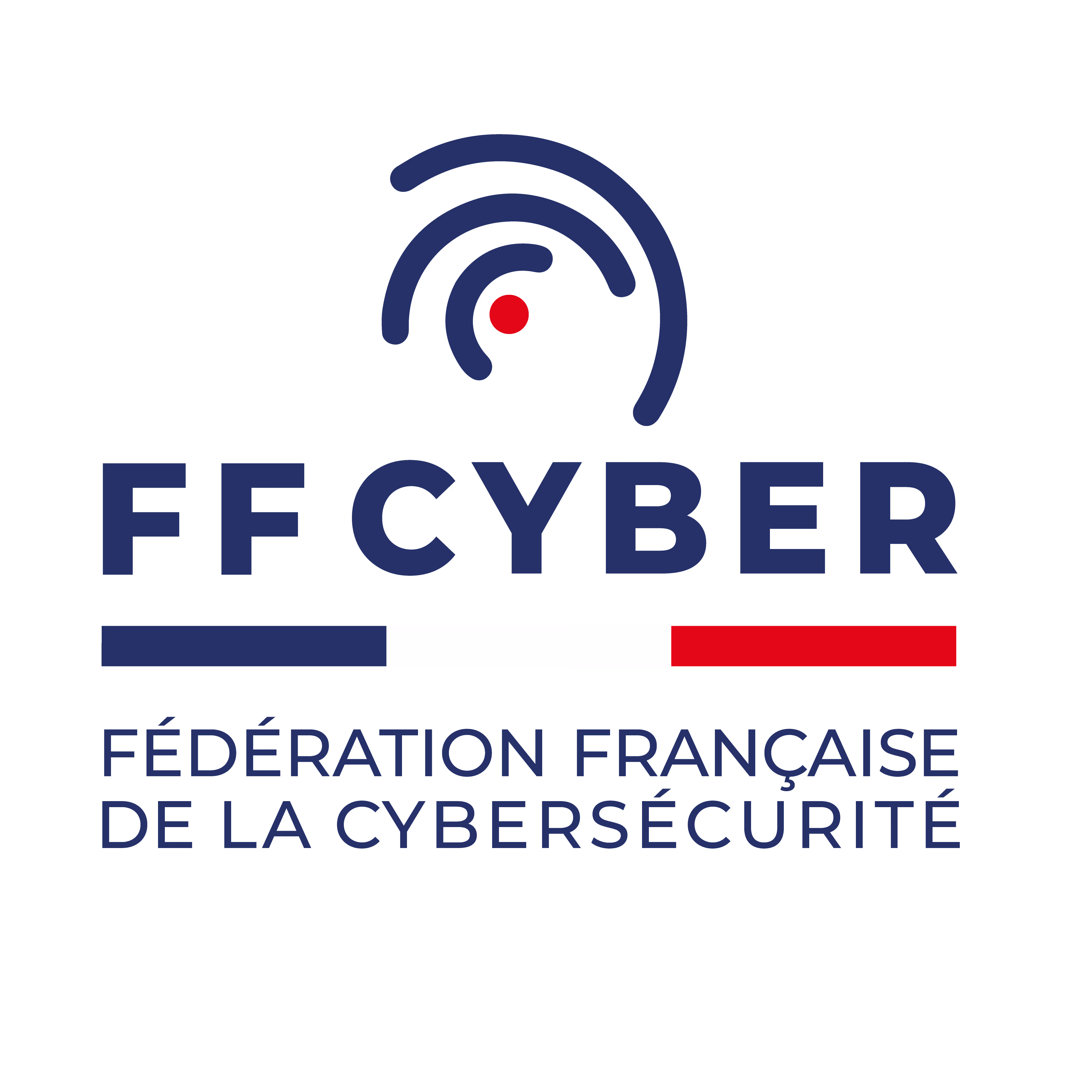 Logo de FF Cyber avec un symbole bleu entourant un point rouge, bande tricolore française, et texte Fédération Française de la Cybersécurité.