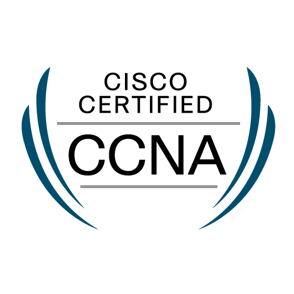 Logo Cisco CCNA avec texte 'Networking Academy' entouré de crochets bleus stylisés.