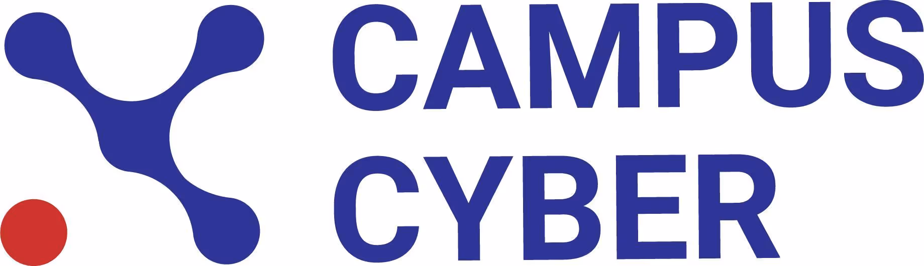 Logo de Campus Cyber avec un symbole abstrait bleu et un point rouge.